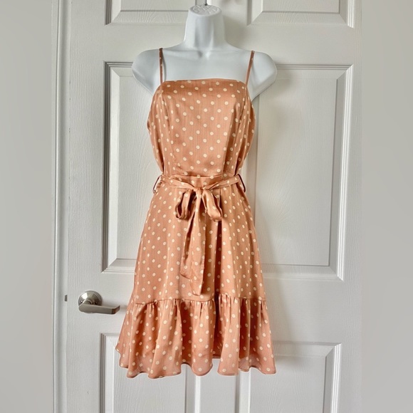 NWT women satin polka dot spaghetti strap dress. Light peach color. Size Small - Picture 1 of 8